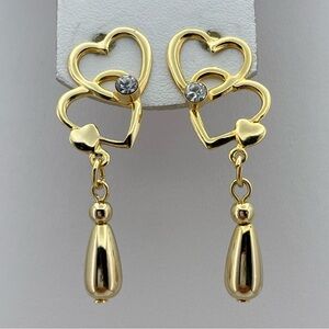 Elegant Gold Tone Double Heart Drop Earrings with Crystal Accent